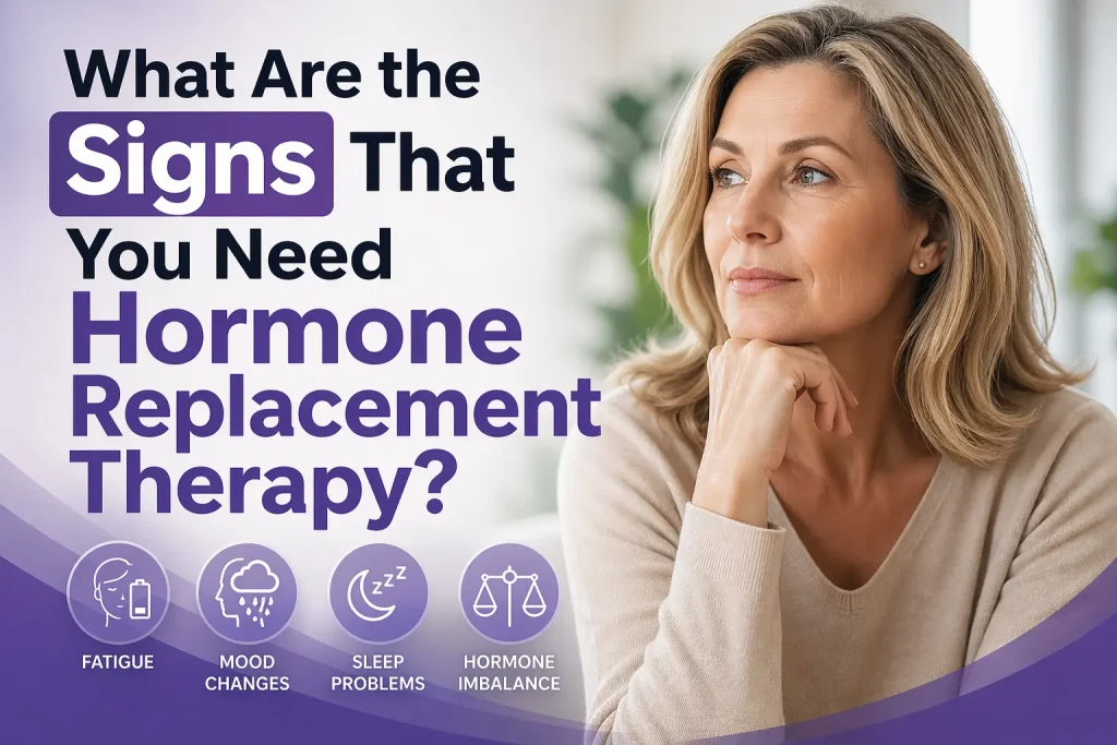Horizontal featured image showing a thoughtful middle-aged woman looking to the side with overlaid text reading “What Are the Signs That You Need Hormone Replacement Therapy?” on a clean, modern healthcare background.