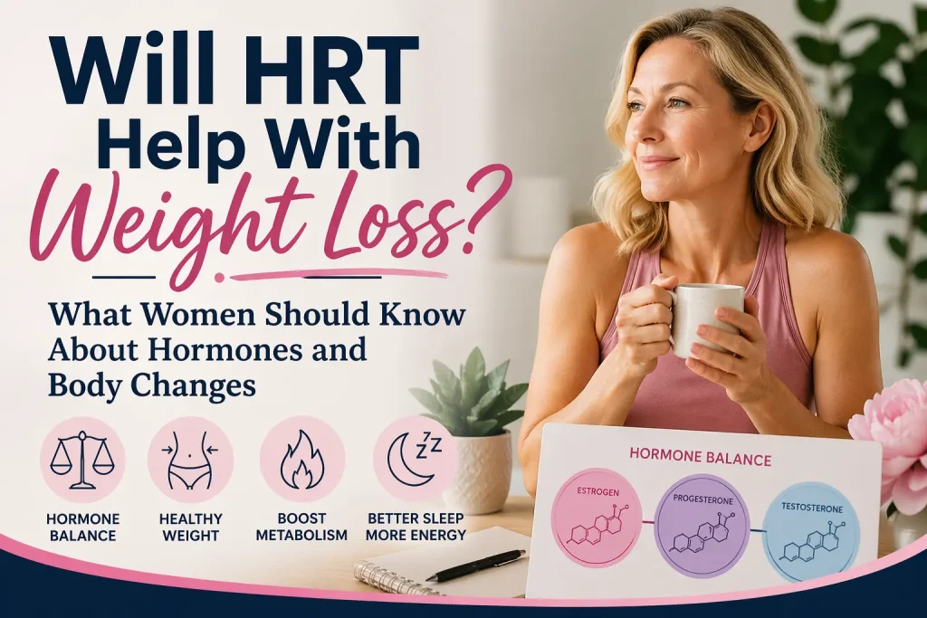 Woman looking confident and healthy with subtle medical wellness theme, representing hormone balance and weight management, with text overlay reading "Will HRT Help With Weight Loss? What Women Should Know About Hormones and Body Changes".