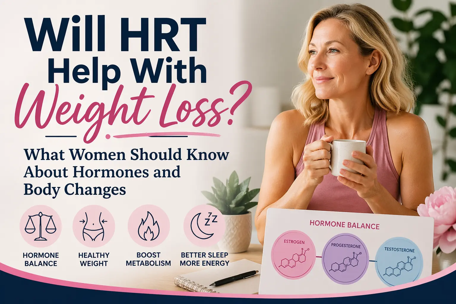 Woman looking confident and healthy with subtle medical wellness theme, representing hormone balance and weight management, with text overlay reading "Will HRT Help With Weight Loss? What Women Should Know About Hormones and Body Changes".