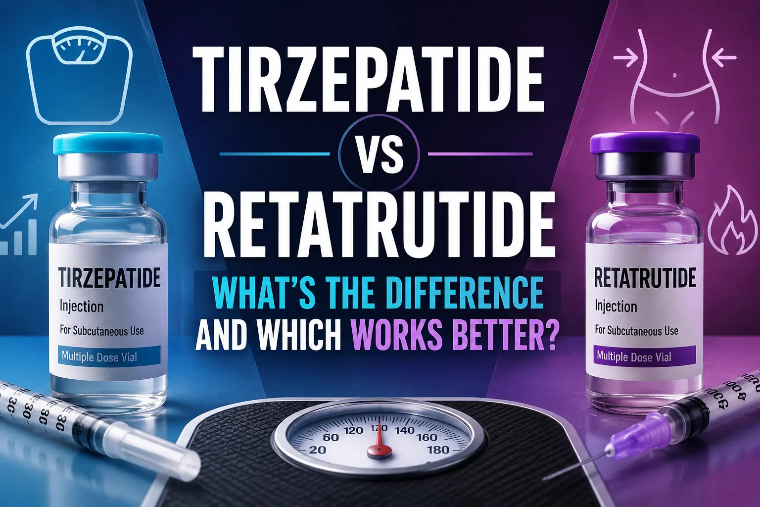 Horizontal featured image comparing tirzepatide vs retatrutide for weight loss, featuring medical weight loss imagery, injectable pens, and overlaid text reading “Tirzepatide vs Retatrutide: What’s the Difference and Which Works Better?