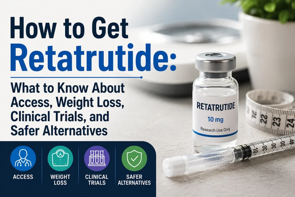 Horizontal featured image showing a medical weight loss consultation with a healthcare professional discussing peptide therapy and metabolic health with a patient. The background includes subtle imagery related to weight loss, clinical research, and wellness. Overlaid text reads: “How to Get Retatrutide: What to Know About Access, Weight Loss, Clinical Trials, and Safer Alternatives”.