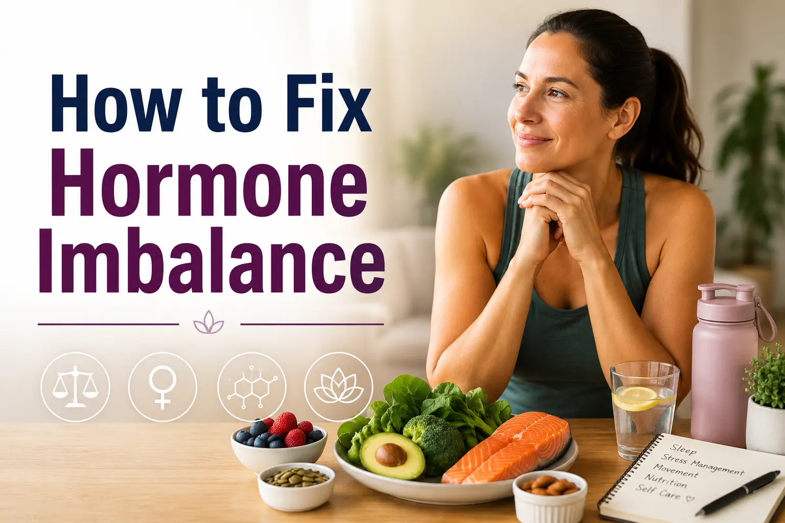Horizontal featured image showing a healthy middle-aged woman smiling in a bright wellness setting with subtle medical and wellness elements in the background. Overlaid text reads “How to Fix Hormone Imbalance”.