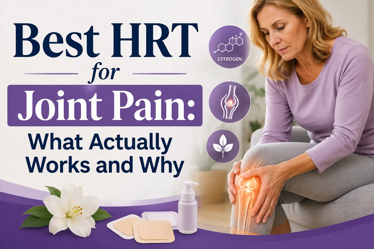 Horizontal banner showing a middle-aged woman holding her knee in pain, with text “Best HRT for Joint Pain: What Actually Works and Why,” alongside hormone and joint health icons.