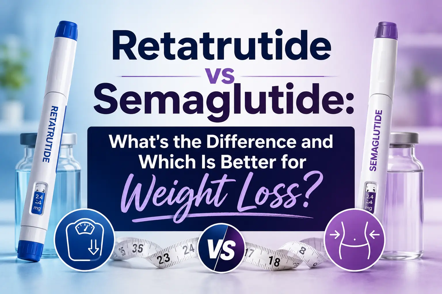 Featured image comparing retatrutide and semaglutide for weight loss, showing two injection pens side by side with a medical and wellness-themed background. The image includes the title: “Retatrutide vs Semaglutide: What's the Difference and Which Is Better for Weight Loss?” and visually highlights the comparison between these two weight management medications.