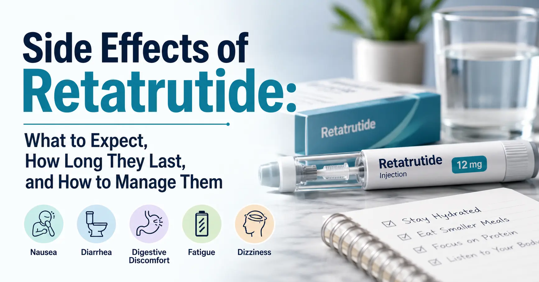 Medical-themed featured image showing a retatrutide injection pen and medication box on a countertop beside a glass of water and a notebook with symptom-management tips. Icons along the bottom represent nausea, diarrhea, digestive discomfort, fatigue, and dizziness. Overlay text reads: "Side Effects of Retatrutide: What to Expect, How Long They Last, and How to Manage Them."
