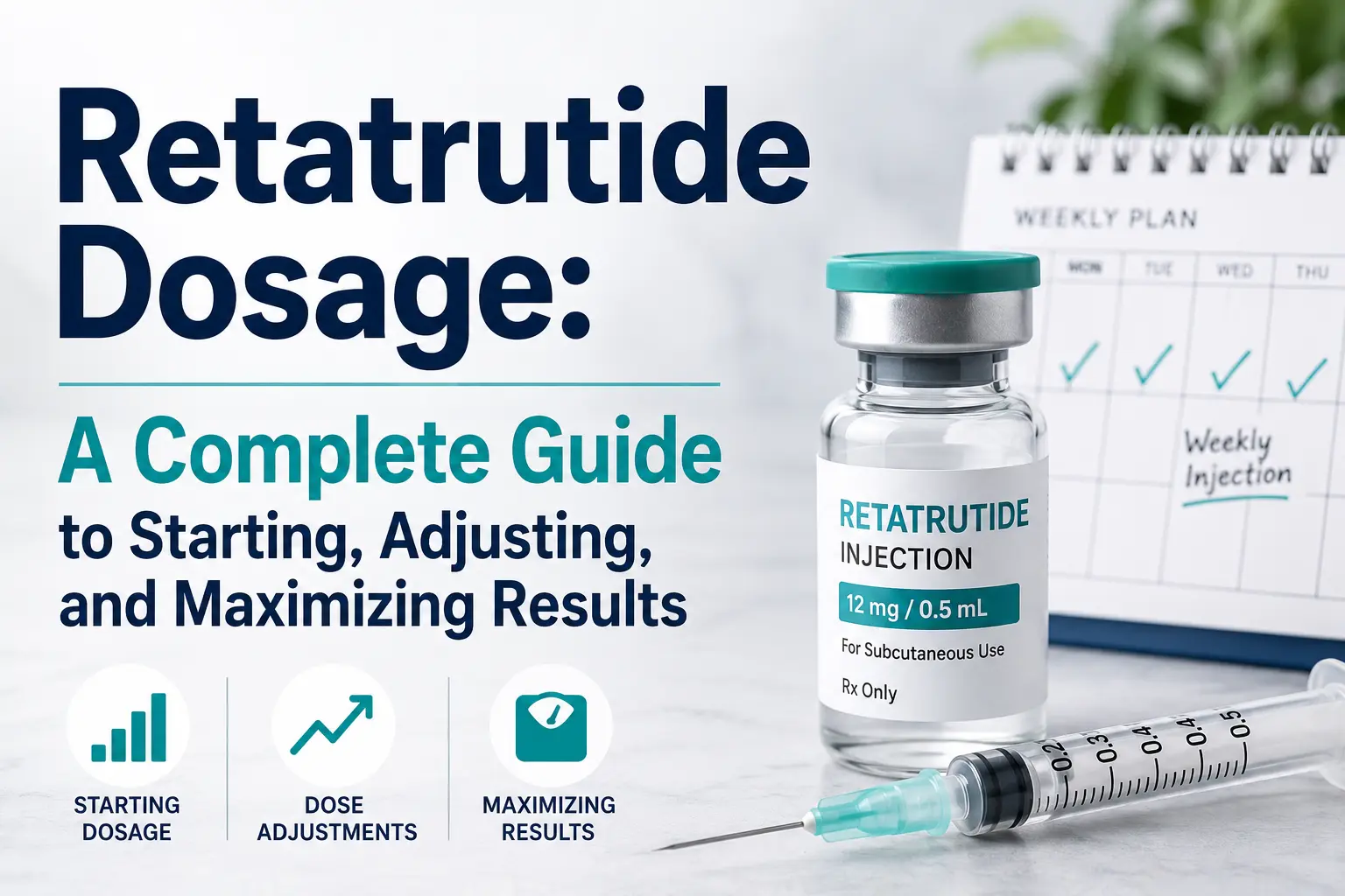 Medical-themed featured image showing a healthcare professional reviewing a retatrutide dosing schedule alongside a weight loss progress chart and injection pen, with the overlaid text: "Retatrutide Dosage: A Complete Guide to Starting, Adjusting, and Maximizing Results." The image highlights dose escalation, personalized treatment plans, and weight management.
