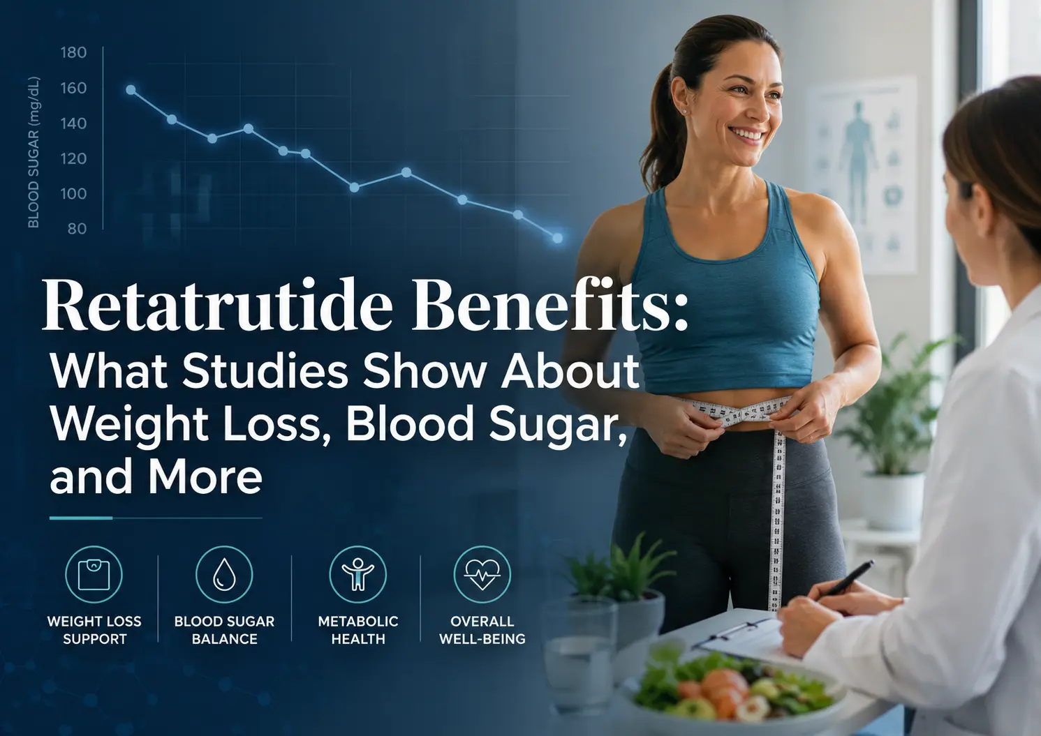 Featured graphic showing a smiling woman measuring her waist while speaking with a healthcare professional, alongside a declining blood sugar chart, a healthy meal, and icons for weight loss, blood sugar balance, metabolic health, and overall well-being. Overlaid text reads “Retatrutide Benefits: What Studies Show About Weight Loss, Blood Sugar, and More.”