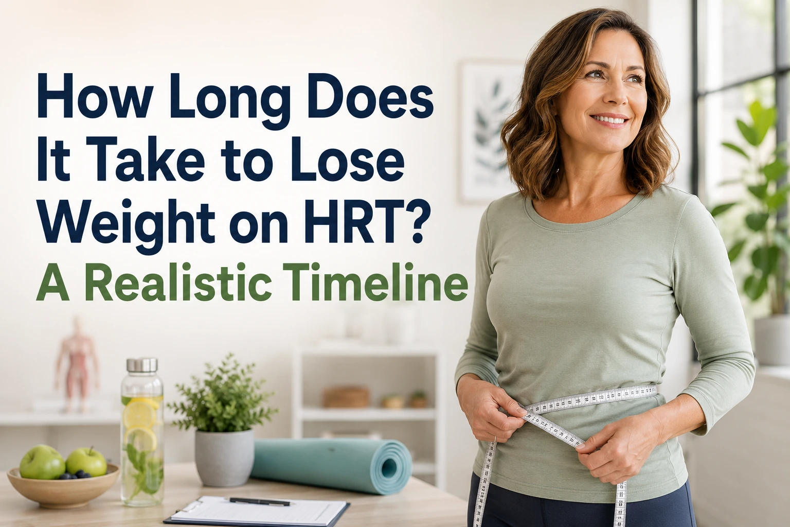 Smiling middle-aged woman measuring her waist in a bright wellness setting beside the text “How Long Does It Take to Lose Weight on HRT? A Realistic Timeline.”