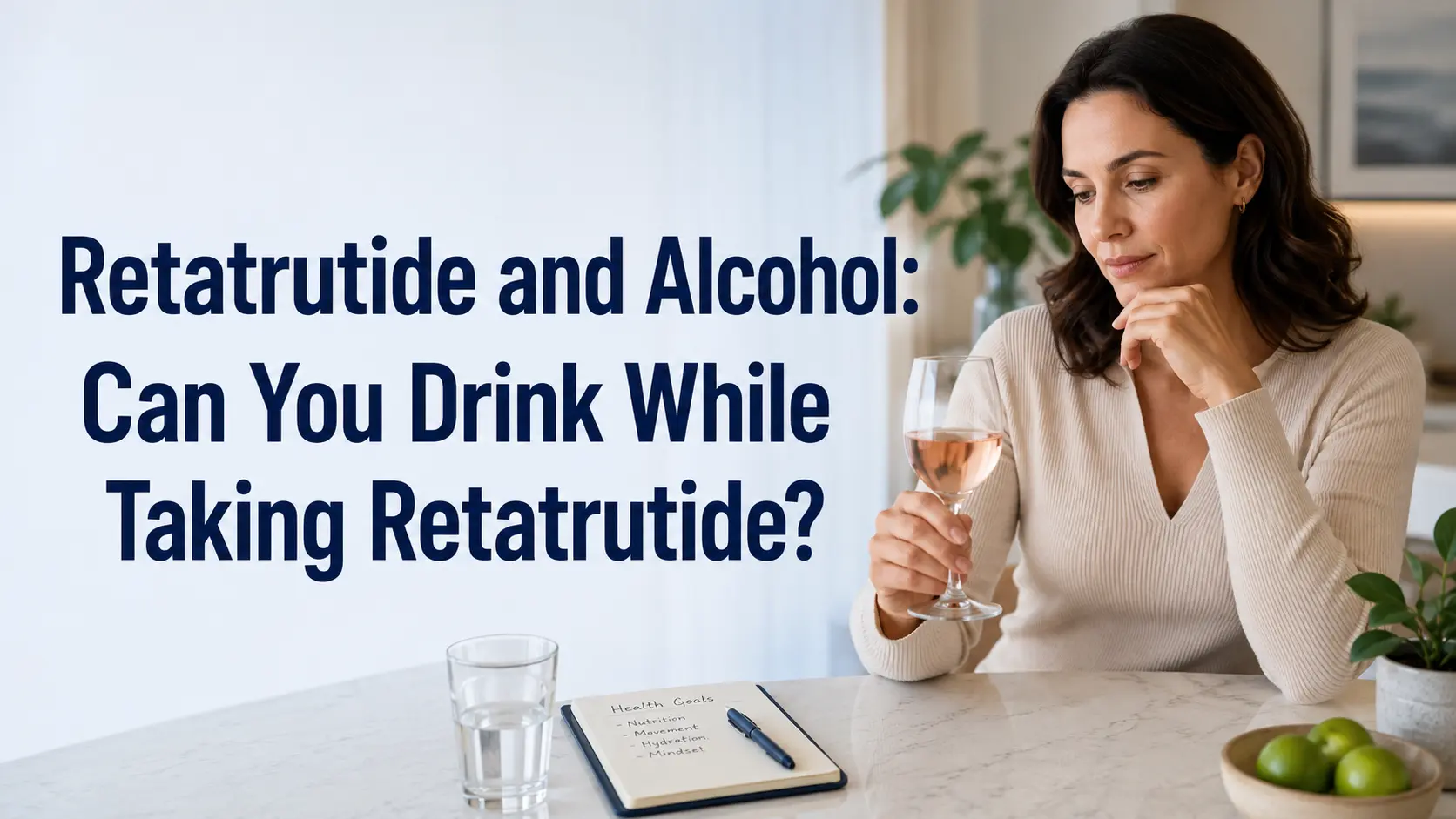 Woman seated at a bright kitchen counter, looking thoughtfully at a glass of rosé beside water, a health goals notebook, and headline text about retatrutide and alcohol.